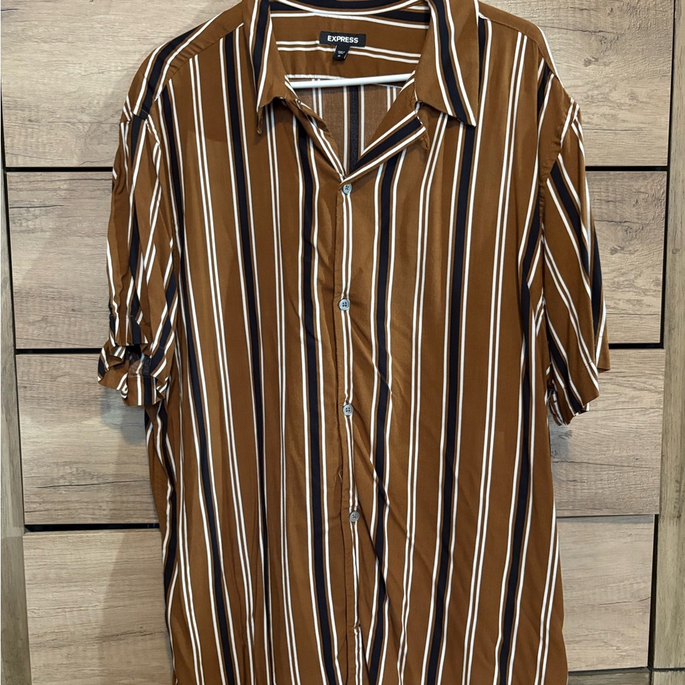 Express Men's Brown and White Striped Button Down Shirt